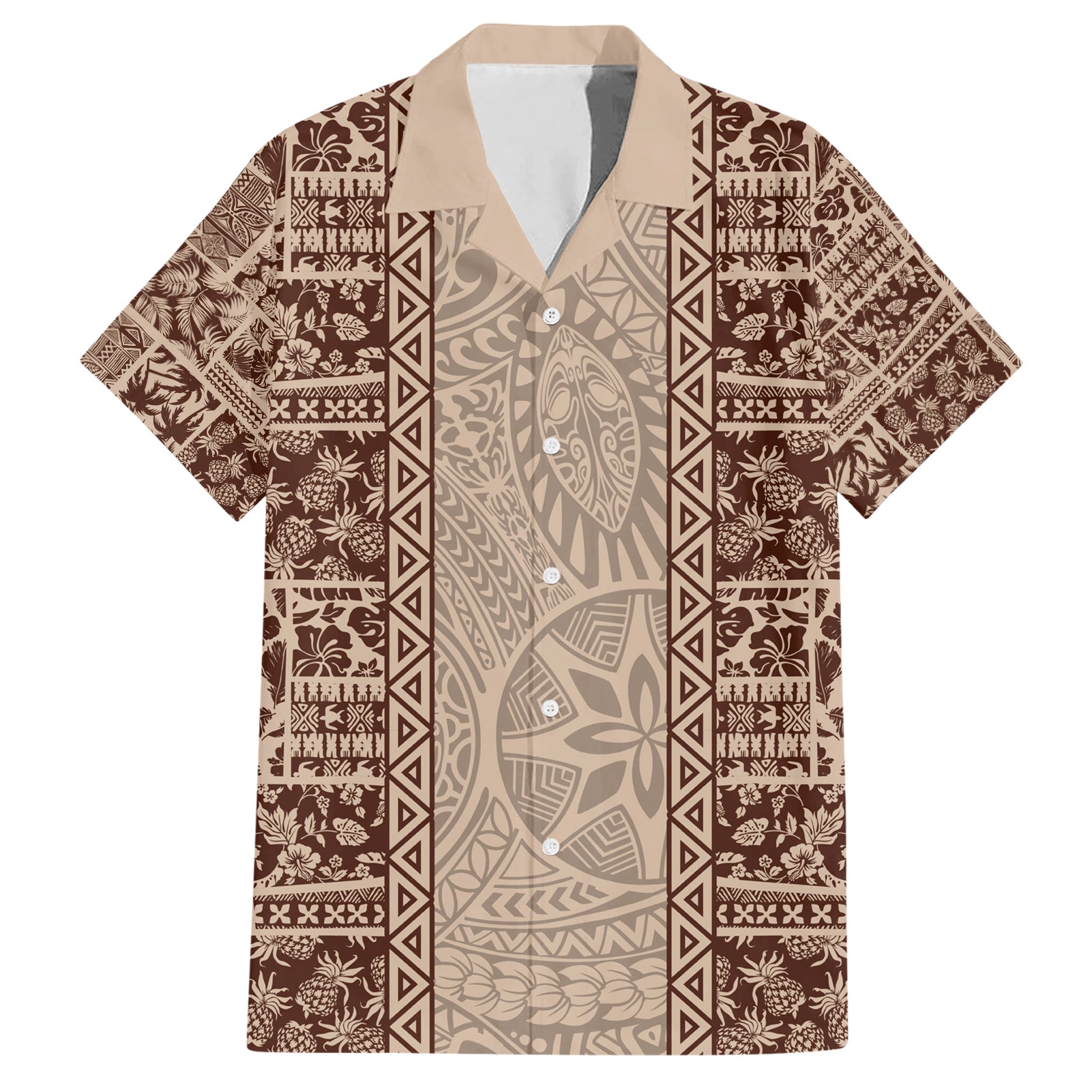 Hawaii Style Hibiscus and Tribal Element Fabric Patchwork Hawaiian Shirt Beige Version LT03 Beige - Polynesian Pride