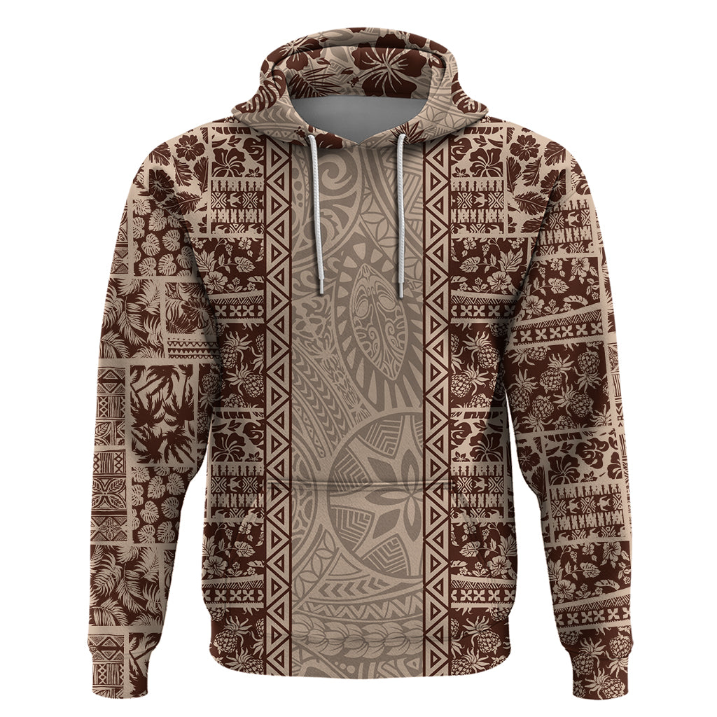 Hawaii Style Hibiscus and Tribal Element Fabric Patchwork Hoodie Beige Version LT03 Pullover Hoodie Beige - Polynesian Pride