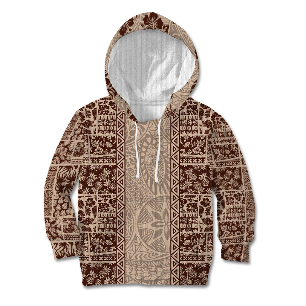 Hawaii Style Hibiscus and Tribal Element Fabric Patchwork Kid Hoodie Beige Version LT03 Beige - Polynesian Pride