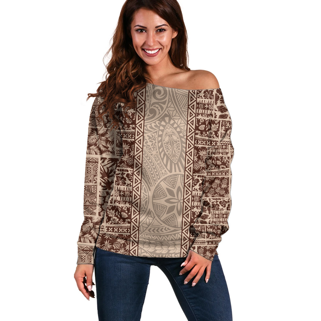 Hawaii Style Hibiscus and Tribal Element Fabric Patchwork Off Shoulder Sweater Beige Version LT03 Women Beige - Polynesian Pride