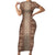 Hawaii Style Hibiscus and Tribal Element Fabric Patchwork Short Sleeve Bodycon Dress Beige Version LT03 Long Dress Beige - Polynesian Pride