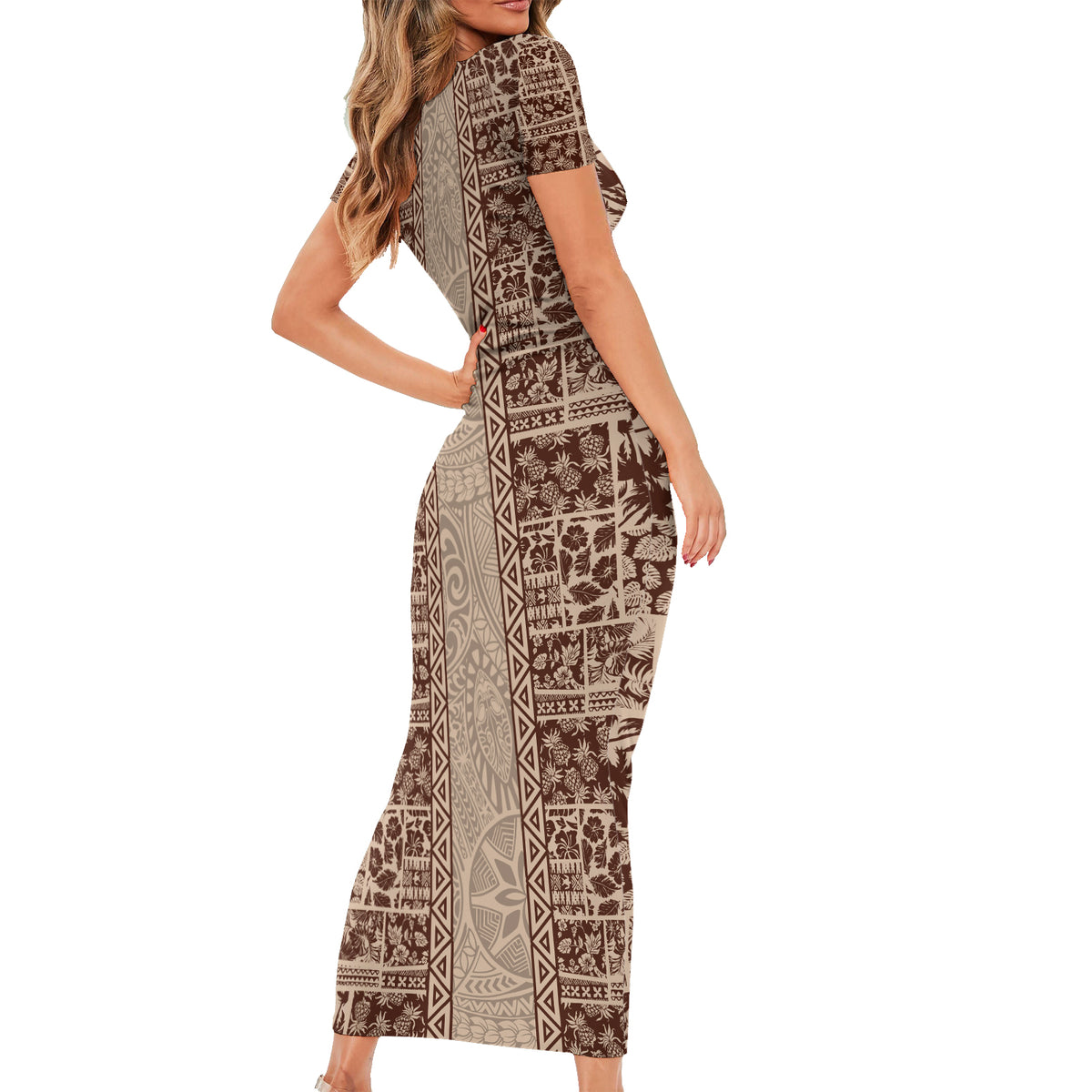 Hawaii Style Hibiscus and Tribal Element Fabric Patchwork Short Sleeve Bodycon Dress Beige Version LT03 - Polynesian Pride