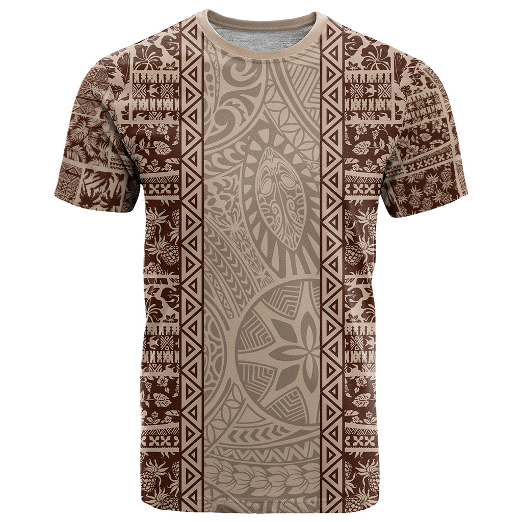 Hawaii Style Hibiscus and Tribal Element Fabric Patchwork T Shirt Beige Version LT03 Beige - Polynesian Pride