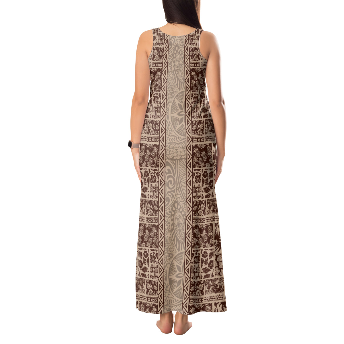 Hawaii Style Hibiscus and Tribal Element Fabric Patchwork Tank Maxi Dress Beige Version LT03 - Polynesian Pride