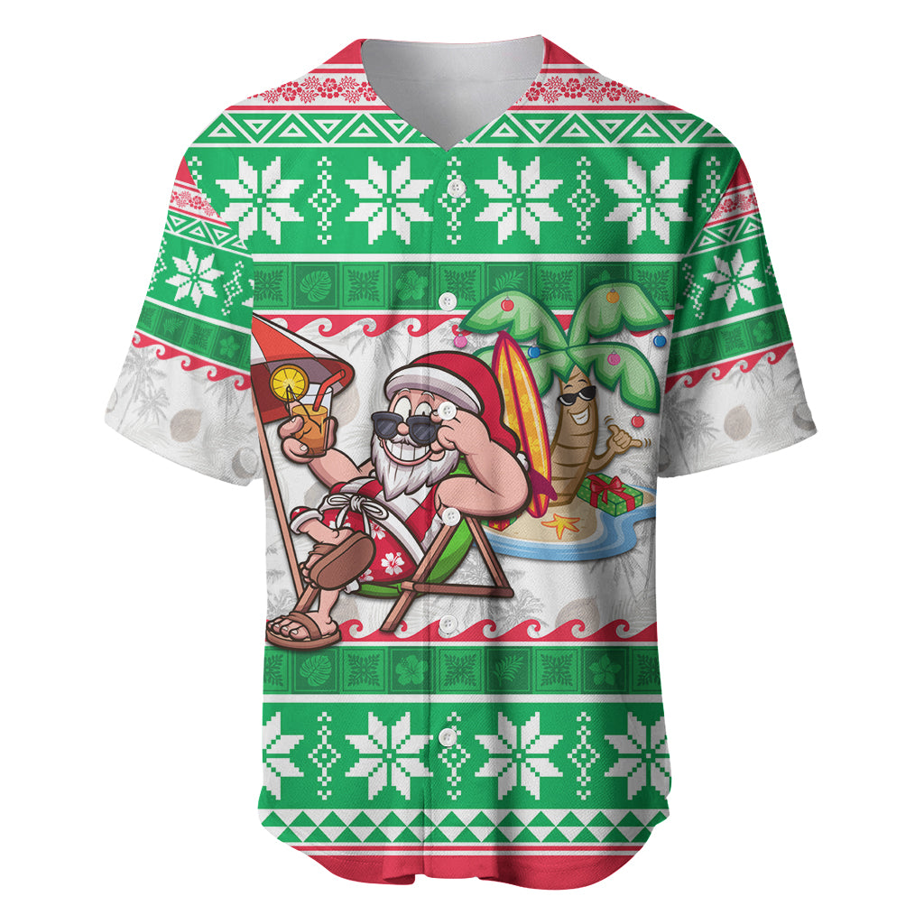 Hawaii Mele Kalikimaka Baseball Jersey Aloha Santa and Palm Tree Mix Kakau Pattern LT03 Green - Polynesian Pride