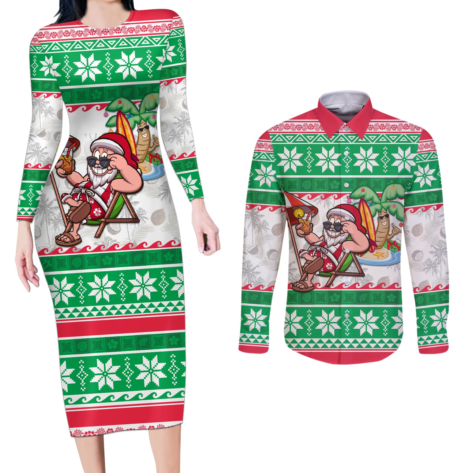 Hawaii Mele Kalikimaka Couples Matching Long Sleeve Bodycon Dress and Long Sleeve Button Shirt Aloha Santa and Palm Tree Mix Kakau Pattern LT03 Green - Polynesian Pride