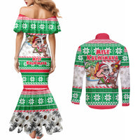 Hawaii Mele Kalikimaka Couples Matching Mermaid Dress and Long Sleeve Button Shirt Aloha Santa and Palm Tree Mix Kakau Pattern LT03 - Polynesian Pride