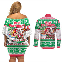 Hawaii Mele Kalikimaka Couples Matching Off Shoulder Short Dress and Long Sleeve Button Shirt Aloha Santa and Palm Tree Mix Kakau Pattern LT03 - Polynesian Pride