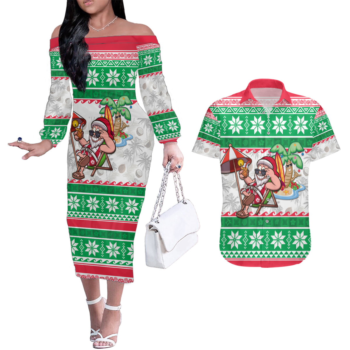 Hawaii Mele Kalikimaka Couples Matching Off The Shoulder Long Sleeve Dress and Hawaiian Shirt Aloha Santa and Palm Tree Mix Kakau Pattern LT03 Green - Polynesian Pride