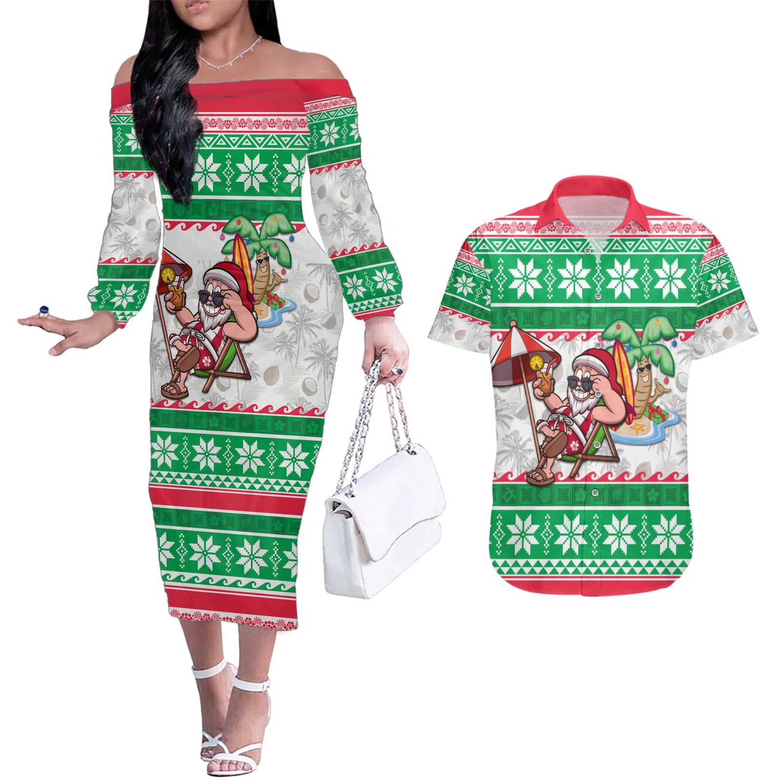 Hawaii Mele Kalikimaka Couples Matching Off The Shoulder Long Sleeve Dress and Hawaiian Shirt Aloha Santa and Palm Tree Mix Kakau Pattern LT03 Green - Polynesian Pride