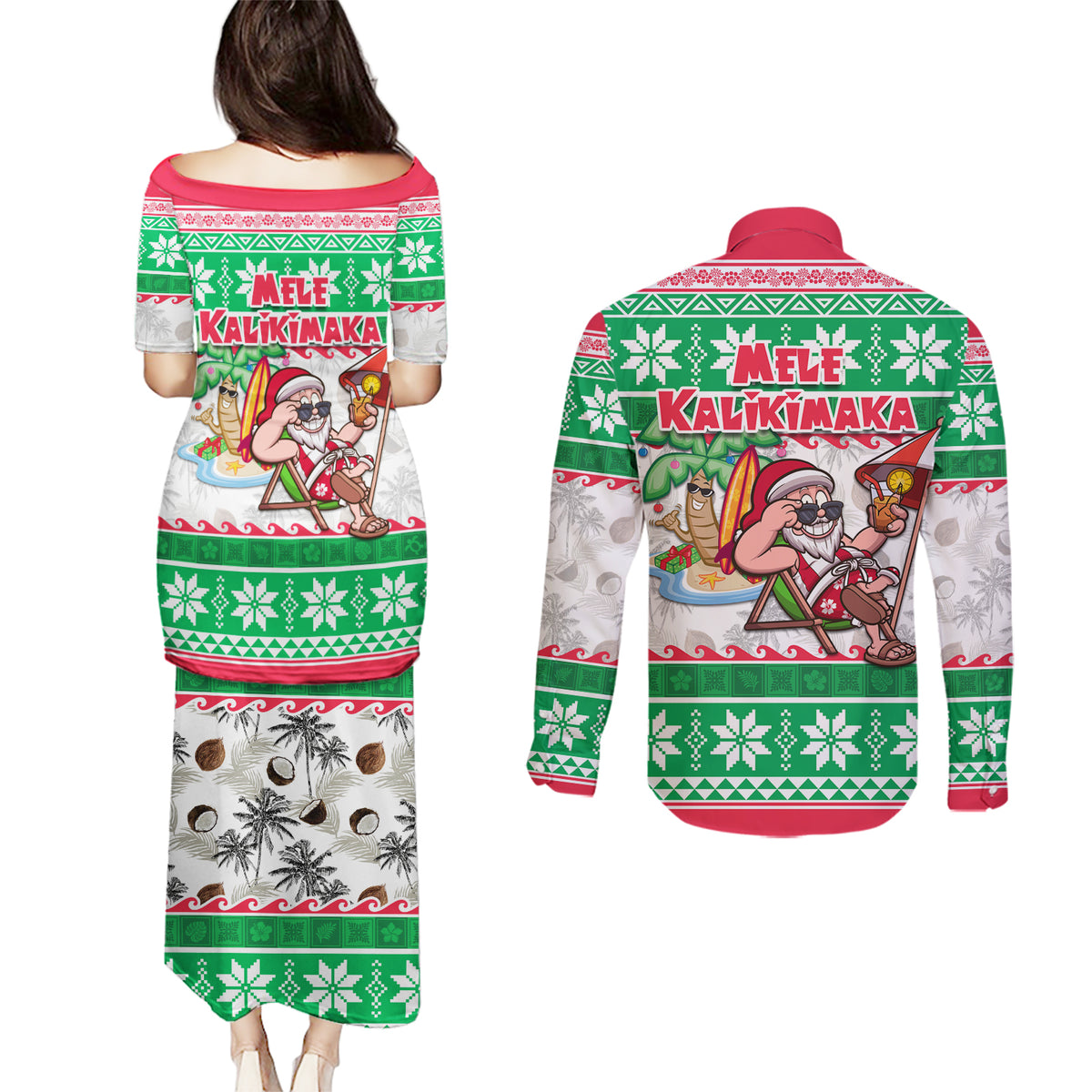 Hawaii Mele Kalikimaka Couples Matching Puletasi Dress and Long Sleeve Button Shirt Aloha Santa and Palm Tree Mix Kakau Pattern LT03 - Polynesian Pride