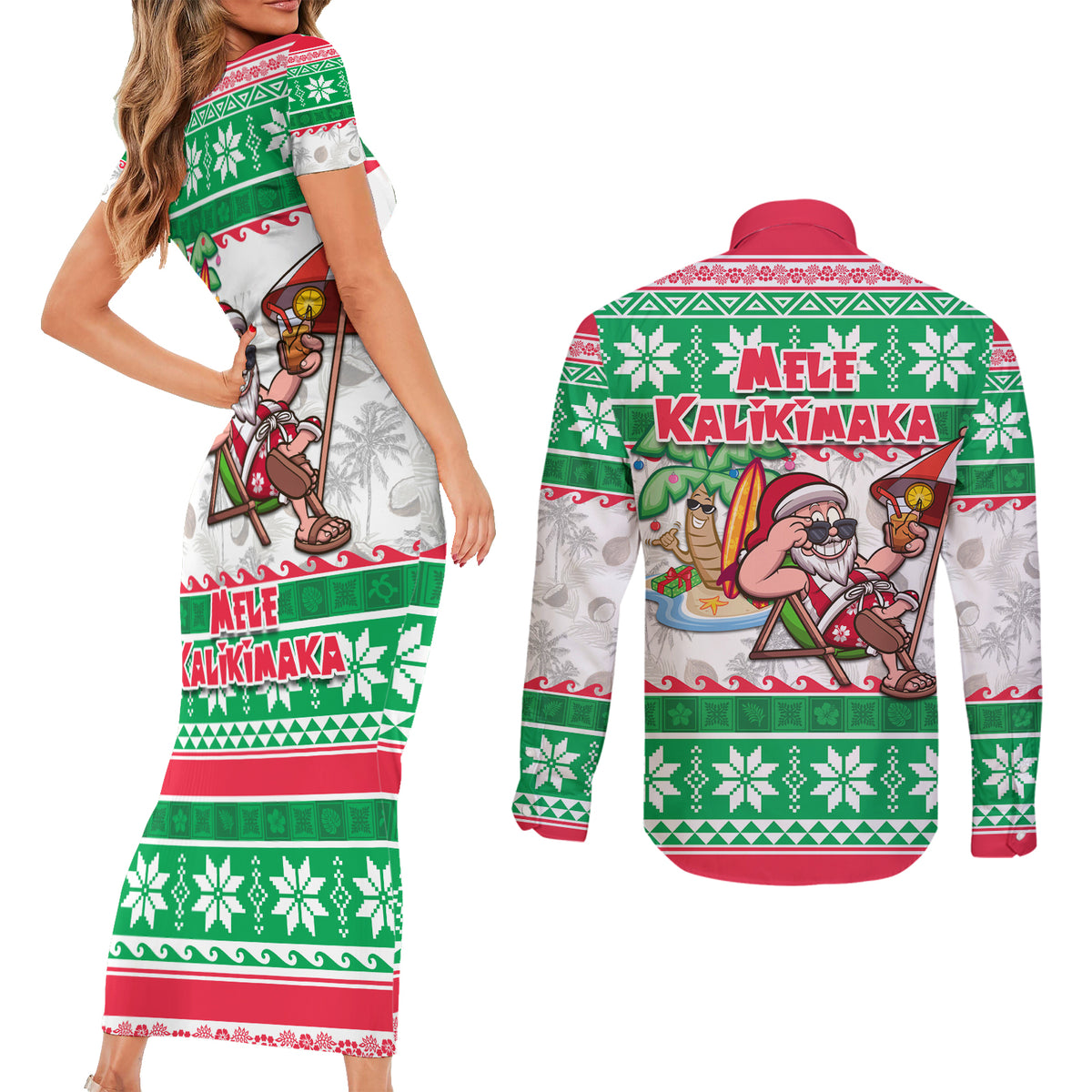 Hawaii Mele Kalikimaka Couples Matching Short Sleeve Bodycon Dress and Long Sleeve Button Shirt Aloha Santa and Palm Tree Mix Kakau Pattern LT03 - Polynesian Pride