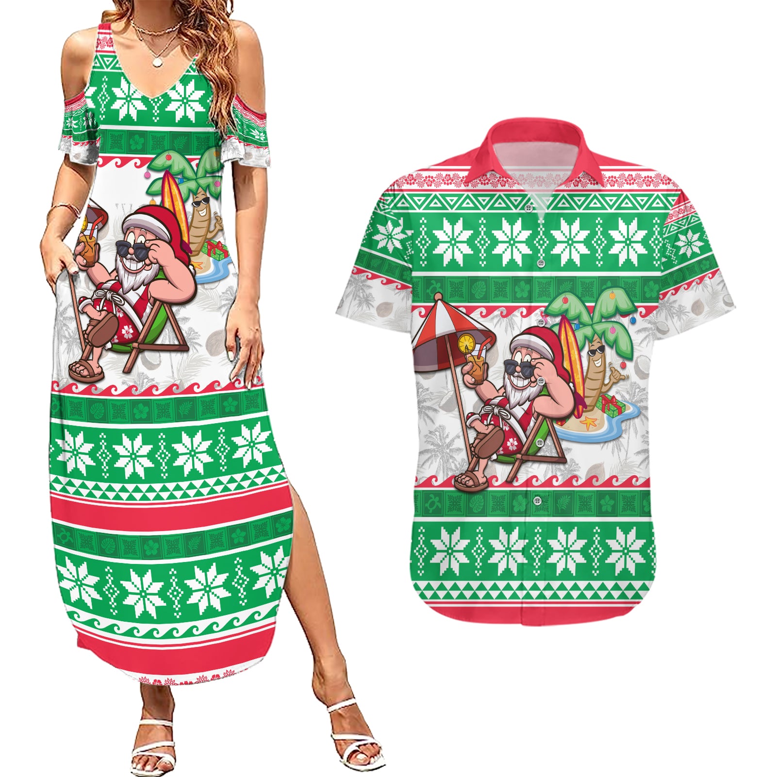 Hawaii Mele Kalikimaka Couples Matching Summer Maxi Dress and Hawaiian Shirt Aloha Santa and Palm Tree Mix Kakau Pattern LT03 Green - Polynesian Pride