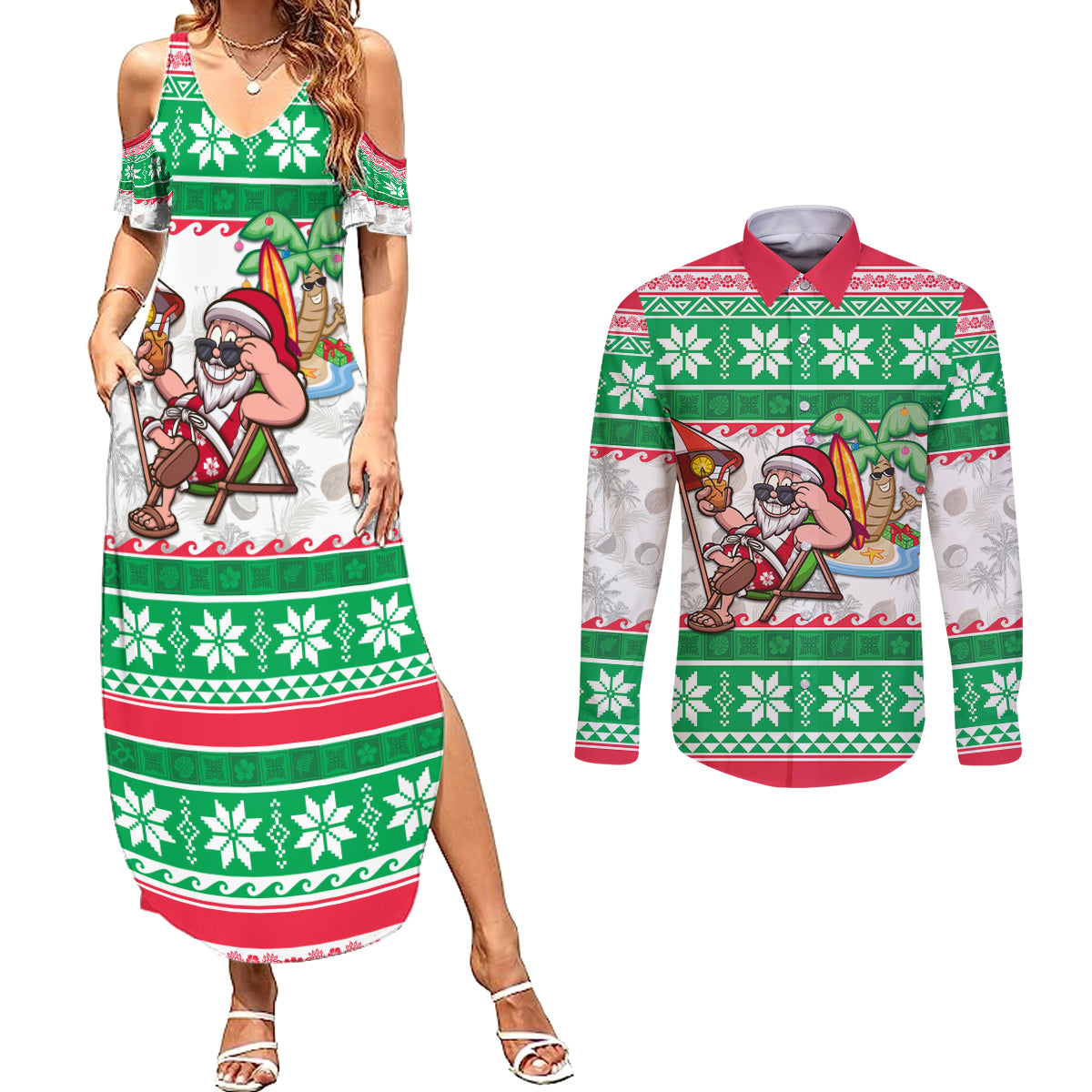 Hawaii Mele Kalikimaka Couples Matching Summer Maxi Dress and Long Sleeve Button Shirt Aloha Santa and Palm Tree Mix Kakau Pattern LT03 Green - Polynesian Pride