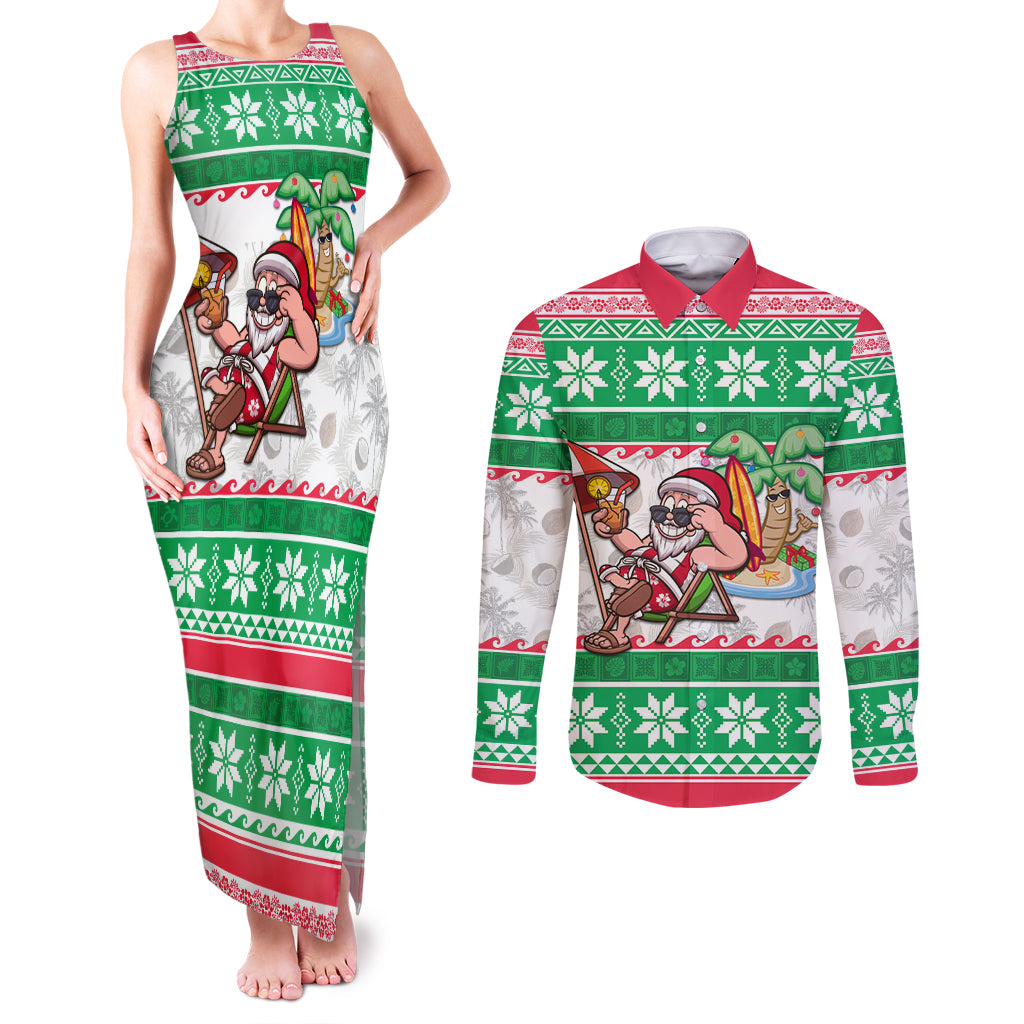 Hawaii Mele Kalikimaka Couples Matching Tank Maxi Dress and Long Sleeve Button Shirt Aloha Santa and Palm Tree Mix Kakau Pattern LT03 Green - Polynesian Pride