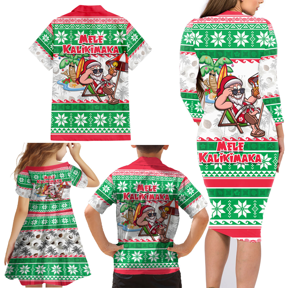 Hawaii Mele Kalikimaka Family Matching Long Sleeve Bodycon Dress and Hawaiian Shirt Aloha Santa and Palm Tree Mix Kakau Pattern LT03 - Polynesian Pride