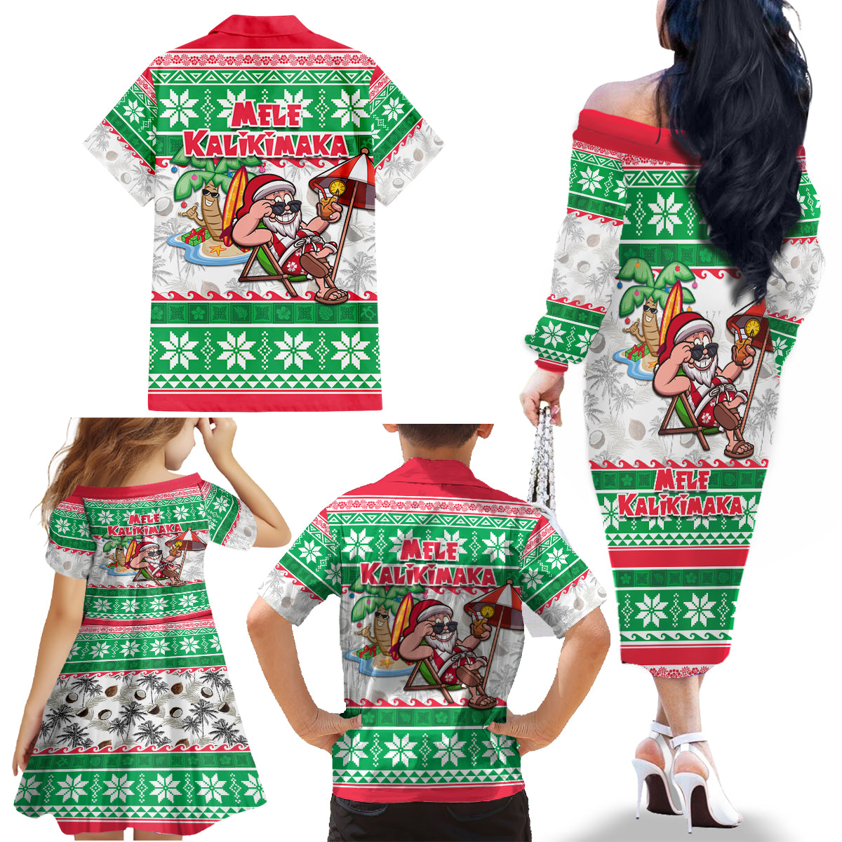 Hawaii Mele Kalikimaka Family Matching Off Shoulder Long Sleeve Dress and Hawaiian Shirt Aloha Santa and Palm Tree Mix Kakau Pattern LT03 - Polynesian Pride