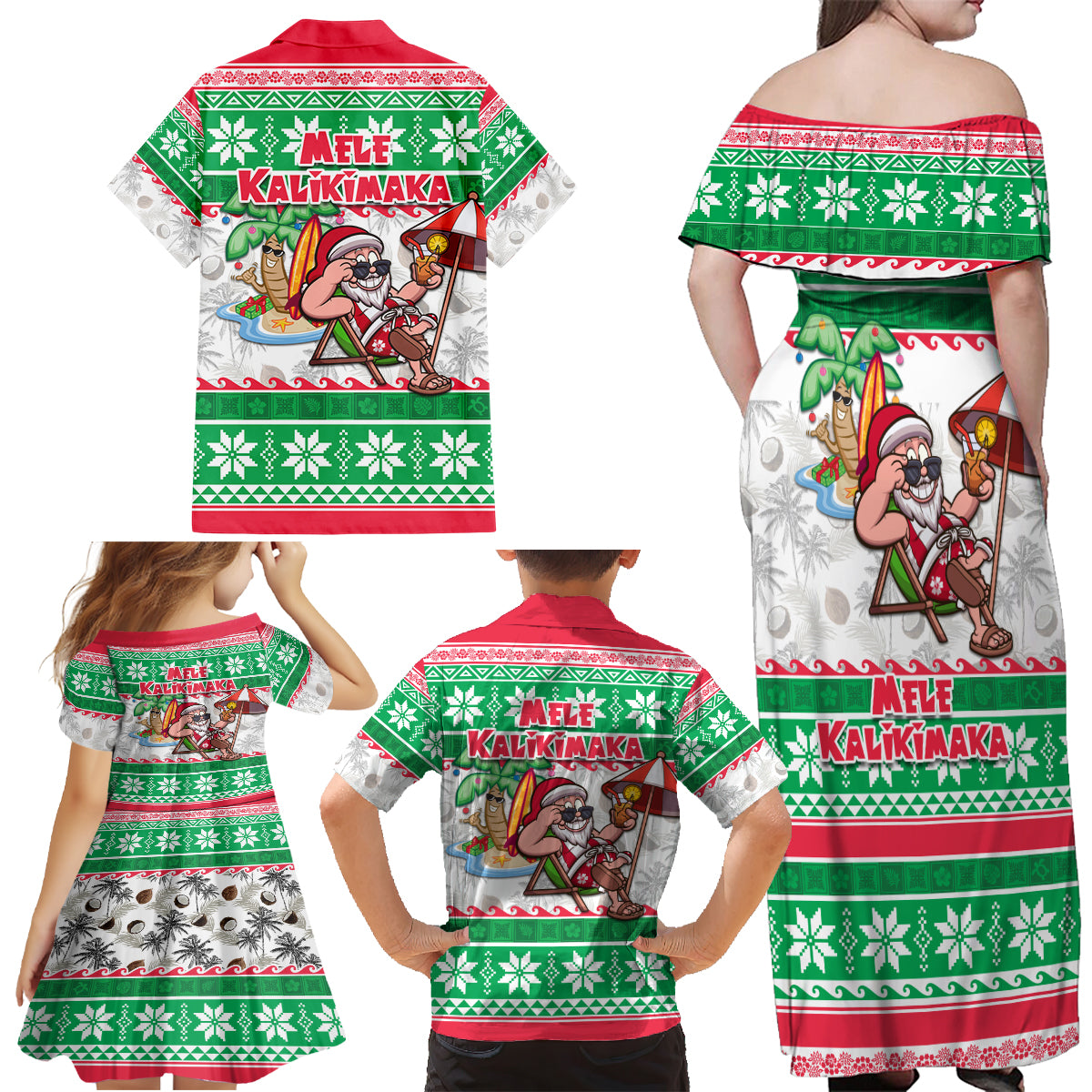 Hawaii Mele Kalikimaka Family Matching Off Shoulder Maxi Dress and Hawaiian Shirt Aloha Santa and Palm Tree Mix Kakau Pattern LT03 - Polynesian Pride