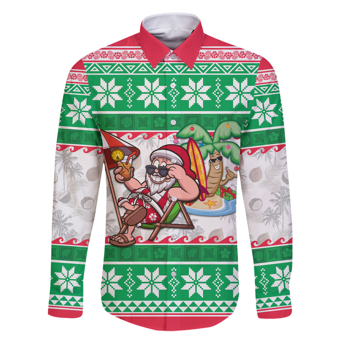 Hawaii Mele Kalikimaka Family Matching Puletasi Dress and Hawaiian Shirt Aloha Santa and Palm Tree Mix Kakau Pattern LT03 Dad's Shirt - Long Sleeve Green - Polynesian Pride