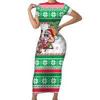 Hawaii Mele Kalikimaka Family Matching Short Sleeve Bodycon Dress and Hawaiian Shirt Aloha Santa and Palm Tree Mix Kakau Pattern LT03 Mom's Dress Green - Polynesian Pride