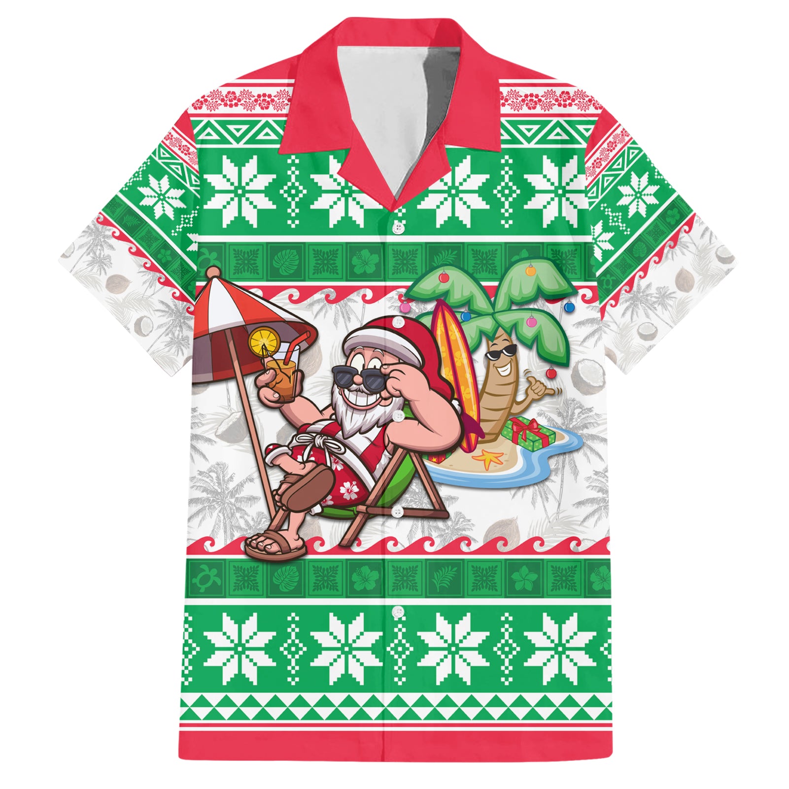 Hawaii Mele Kalikimaka Hawaiian Shirt Aloha Santa and Palm Tree Mix Kakau Pattern LT03 Green - Polynesian Pride