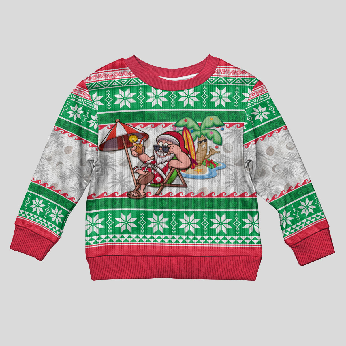 Hawaii Mele Kalikimaka Kid Ugly Christmas Sweater Aloha Santa and Palm Tree Mix Kakau Pattern LT03 Kid Green - Polynesian Pride