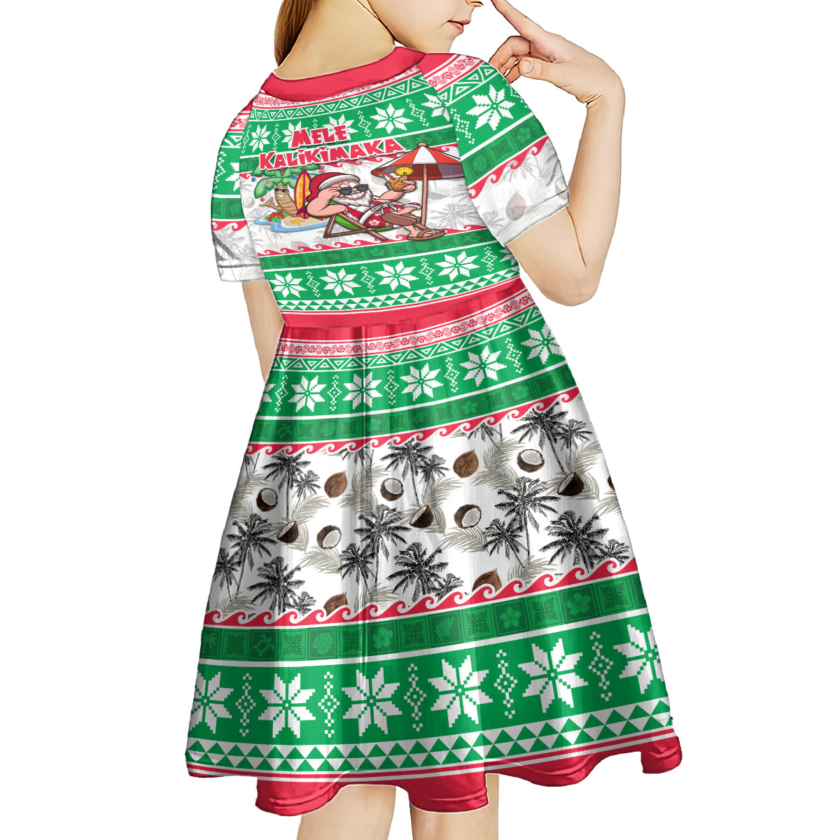 Hawaii Mele Kalikimaka Kid Short Sleeve Dress Aloha Santa and Palm Tree Mix Kakau Pattern LT03 - Polynesian Pride