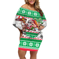 Hawaii Mele Kalikimaka Off Shoulder Short Dress Aloha Santa and Palm Tree Mix Kakau Pattern LT03 Women Green - Polynesian Pride