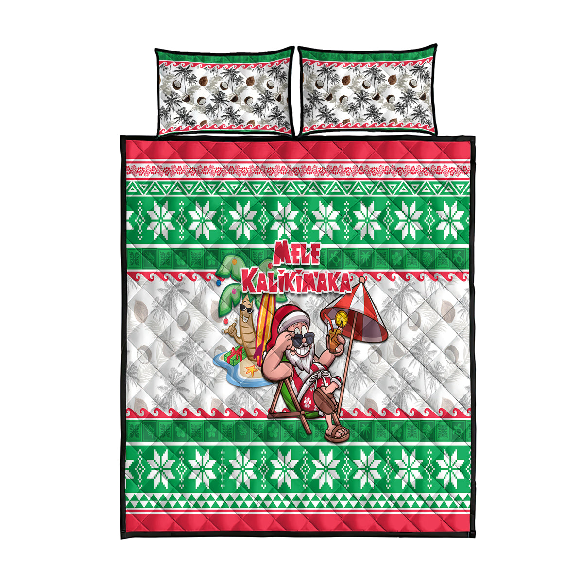 Hawaii Mele Kalikimaka Quilt Bed Set Aloha Santa and Palm Tree Mix Kakau Pattern LT03 Green - Polynesian Pride