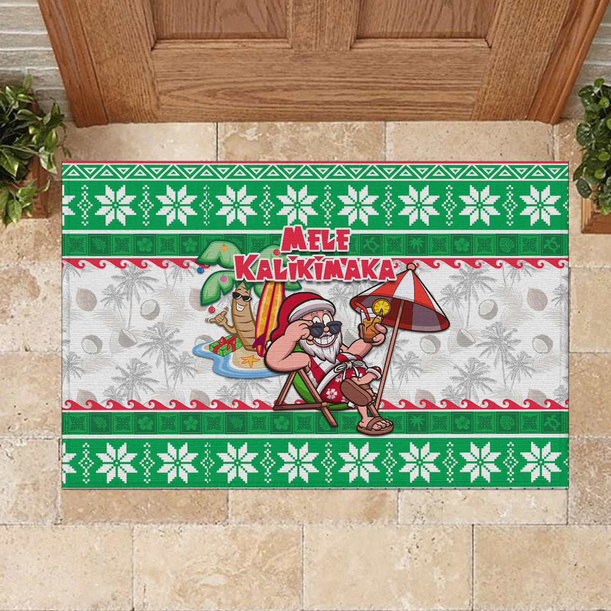 Hawaii Mele Kalikimaka Rubber Doormat Aloha Santa and Palm Tree Mix Kakau Pattern LT03 - Polynesian Pride