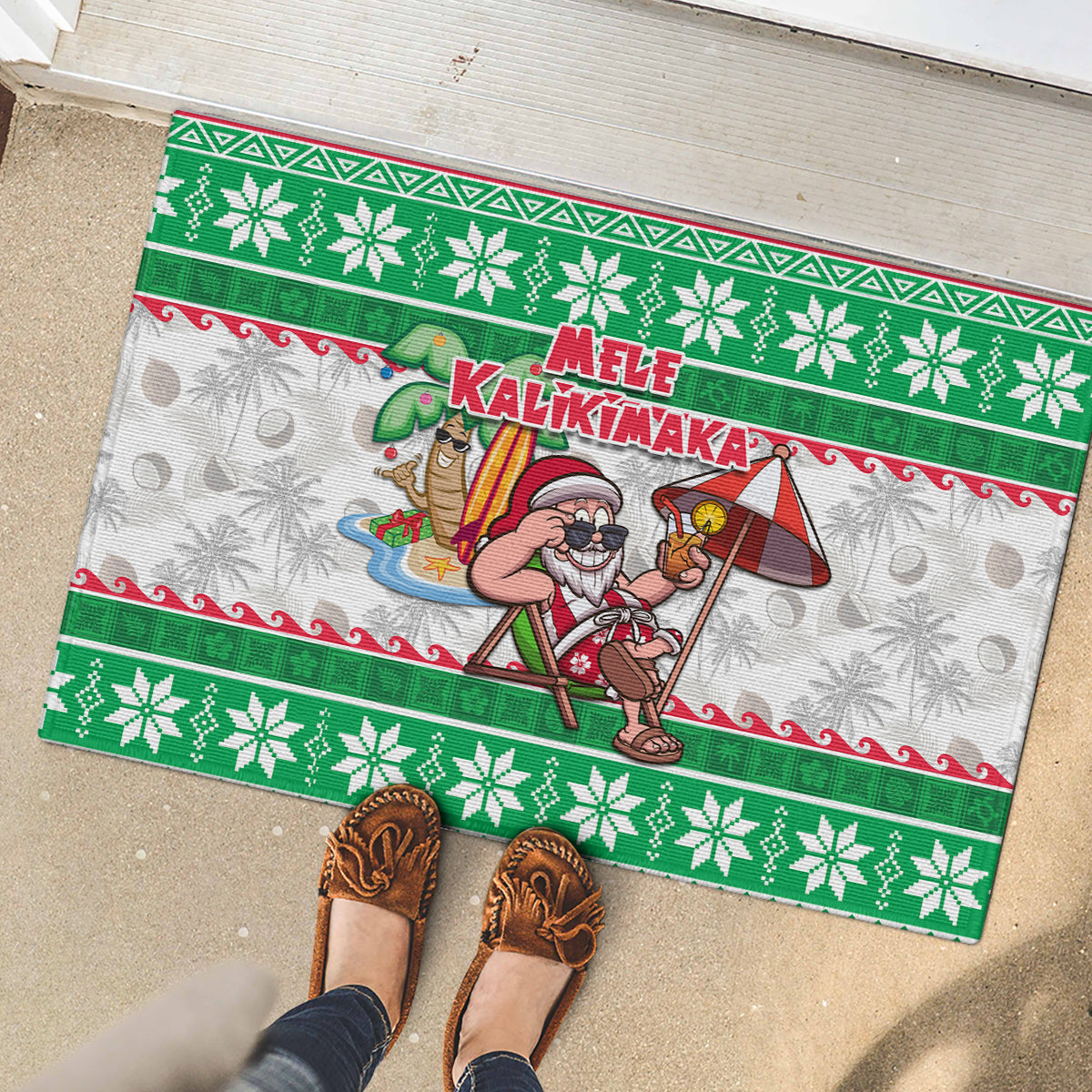 Hawaii Mele Kalikimaka Rubber Doormat Aloha Santa and Palm Tree Mix Kakau Pattern LT03 - Polynesian Pride
