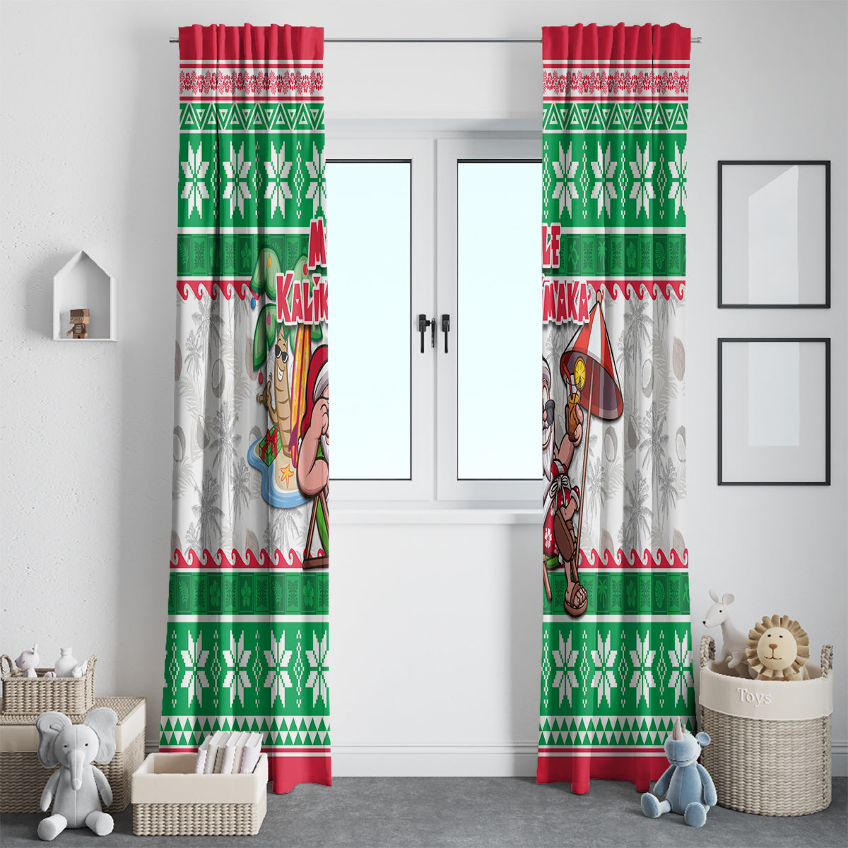 Hawaii Mele Kalikimaka Window Curtain Aloha Santa and Palm Tree Mix Kakau Pattern LT03 - Polynesian Pride
