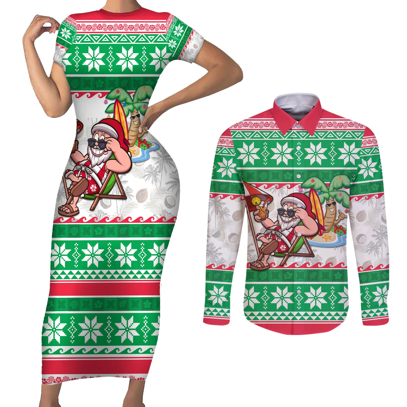 Custom Hawaii Mele Kalikimaka Couples Matching Short Sleeve Bodycon Dress and Long Sleeve Button Shirt Aloha Santa and Palm Tree Mix Kakau Pattern LT03 Green - Polynesian Pride