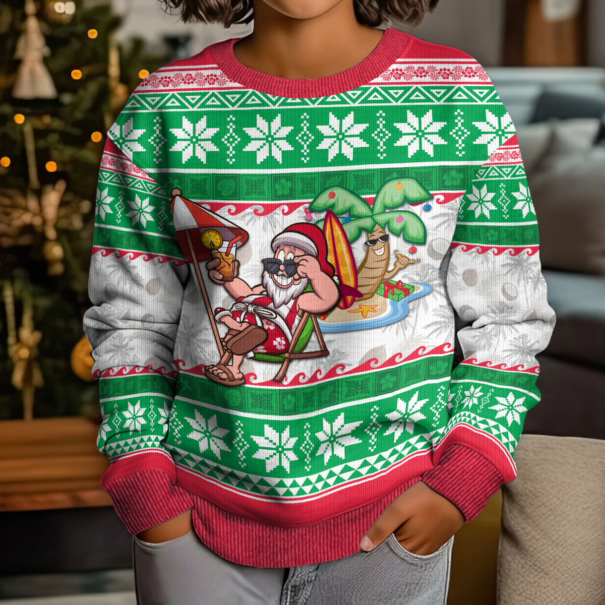 Custom Hawaii Mele Kalikimaka Kid Ugly Christmas Sweater Aloha Santa and Palm Tree Mix Kakau Pattern LT03 - Polynesian Pride