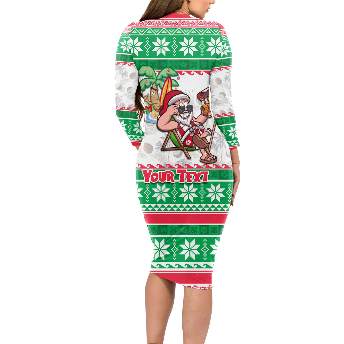 Custom Hawaii Mele Kalikimaka Long Sleeve Bodycon Dress Aloha Santa and Palm Tree Mix Kakau Pattern LT03 - Polynesian Pride