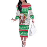 Custom Hawaii Mele Kalikimaka Off The Shoulder Long Sleeve Dress Aloha Santa and Palm Tree Mix Kakau Pattern LT03 Women Green - Polynesian Pride
