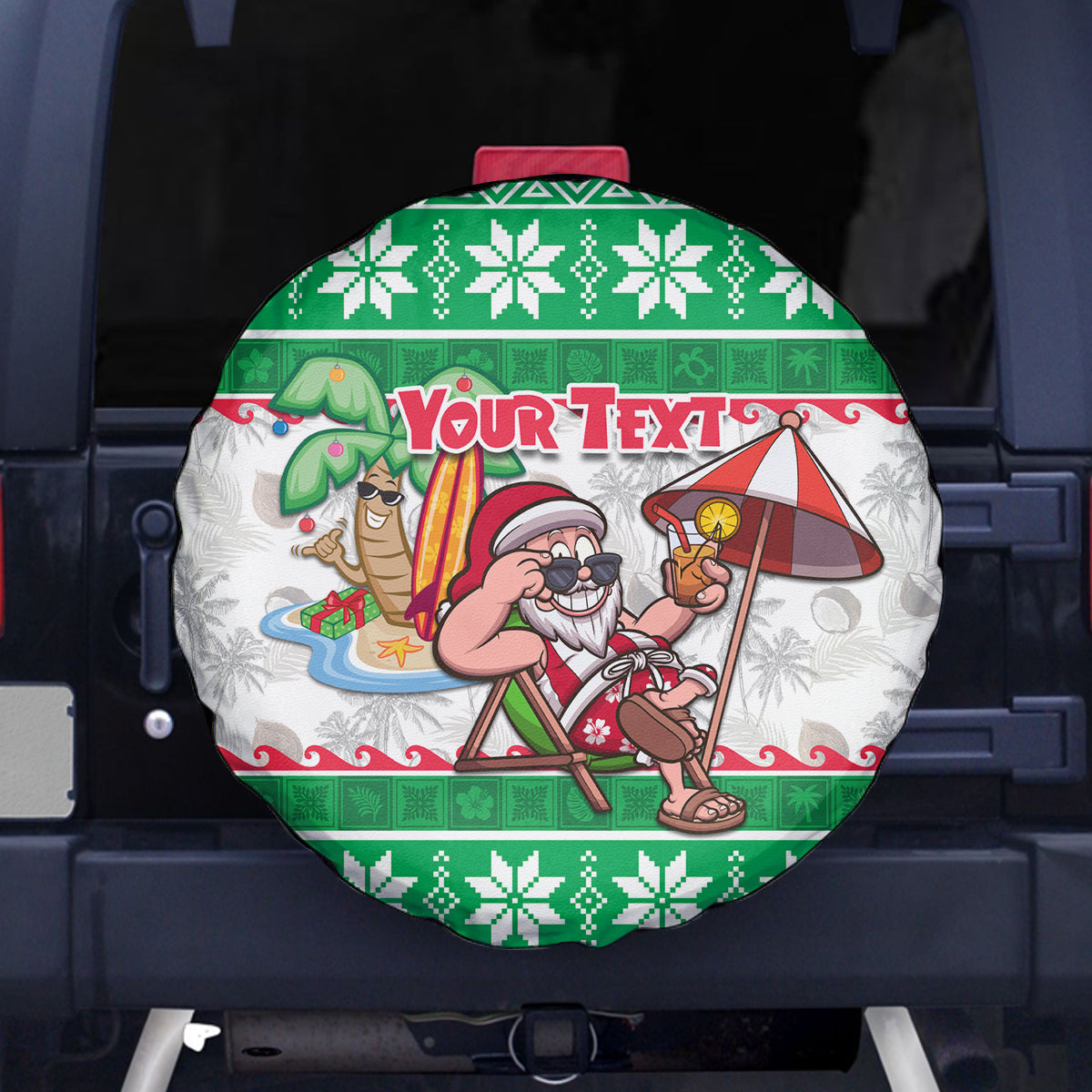 Custom Hawaii Mele Kalikimaka Spare Tire Cover Aloha Santa and Palm Tree Mix Kakau Pattern LT03 Green - Polynesian Pride