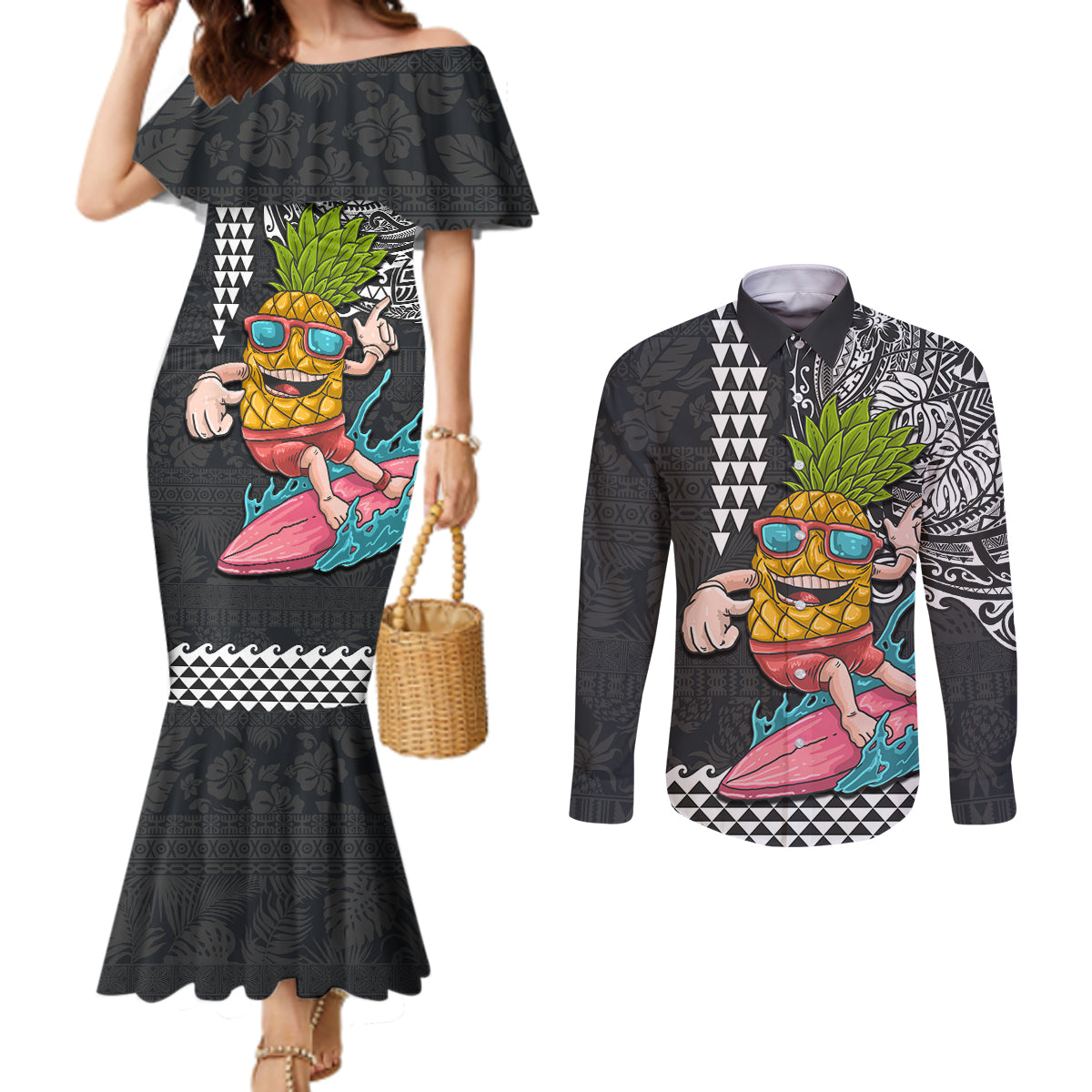 Hawaii Pineapple Surfing With Kakau Tribal Couples Matching Mermaid Dress and Long Sleeve Button Shirt LT03 Brown - Polynesian Pride