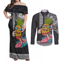 Hawaii Pineapple Surfing With Kakau Tribal Couples Matching Off Shoulder Maxi Dress and Long Sleeve Button Shirt LT03 Brown - Polynesian Pride