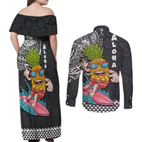 Hawaii Pineapple Surfing With Kakau Tribal Couples Matching Off Shoulder Maxi Dress and Long Sleeve Button Shirt LT03 - Polynesian Pride
