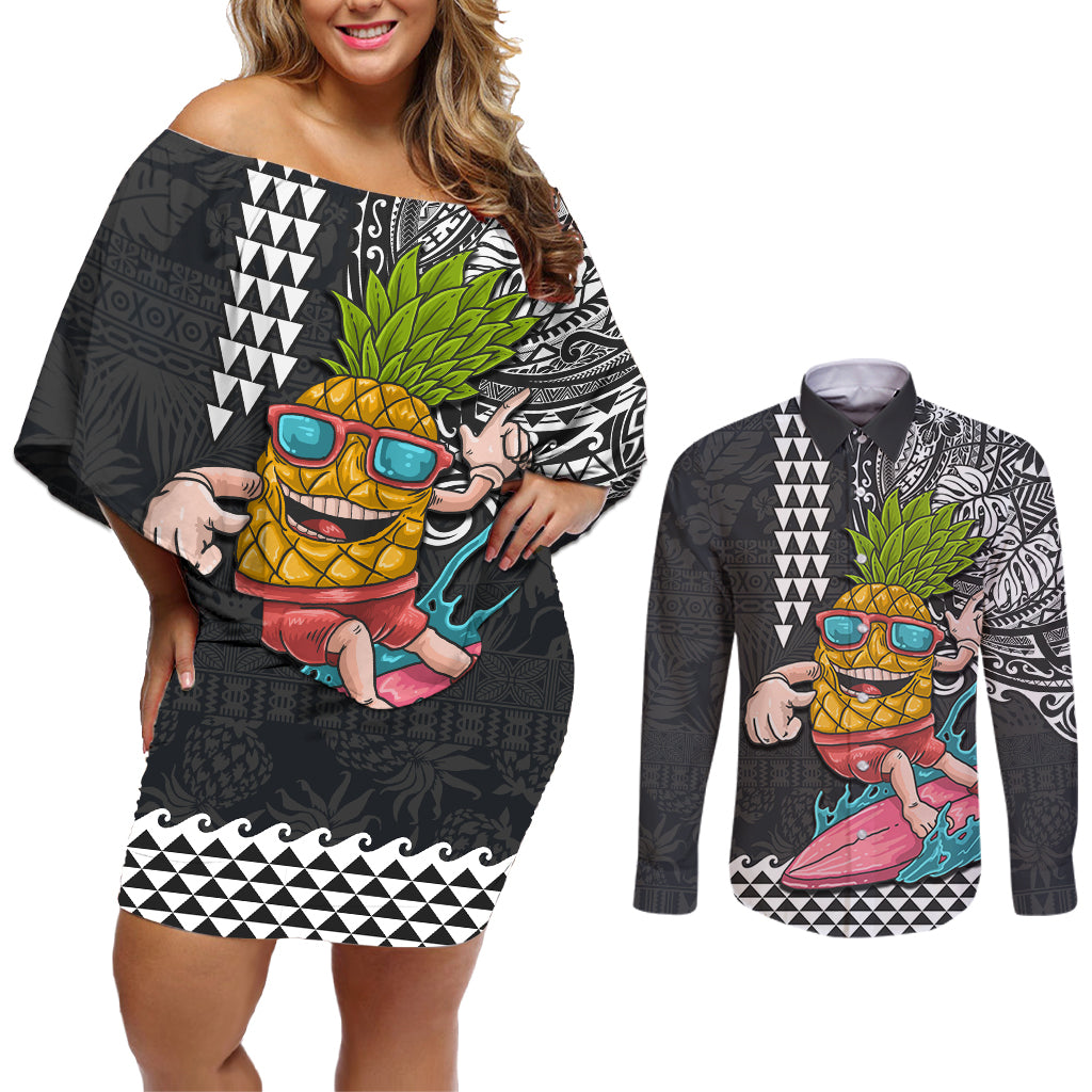 Hawaii Pineapple Surfing With Kakau Tribal Couples Matching Off Shoulder Short Dress and Long Sleeve Button Shirt LT03 Brown - Polynesian Pride