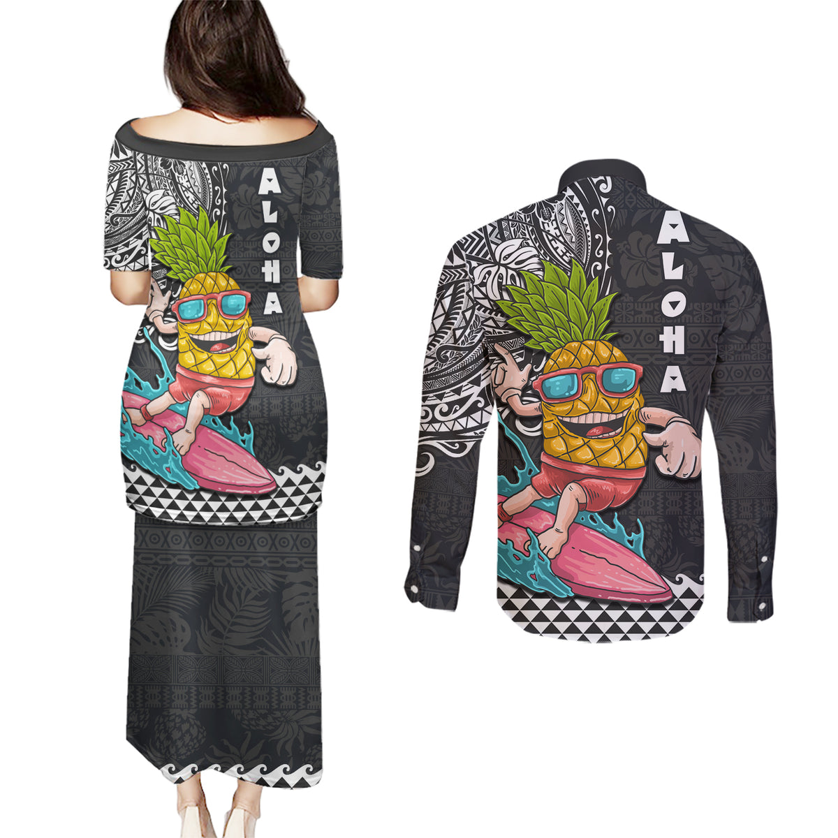 Hawaii Pineapple Surfing With Kakau Tribal Couples Matching Puletasi Dress and Long Sleeve Button Shirt LT03 - Polynesian Pride