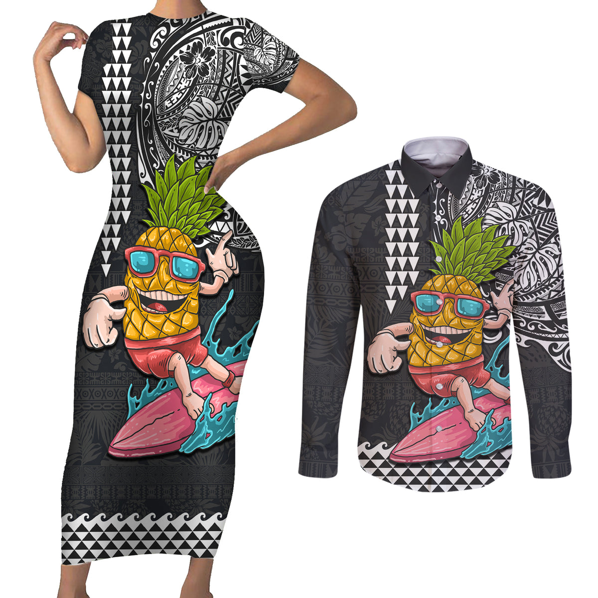 Hawaii Pineapple Surfing With Kakau Tribal Couples Matching Short Sleeve Bodycon Dress and Long Sleeve Button Shirt LT03 Brown - Polynesian Pride