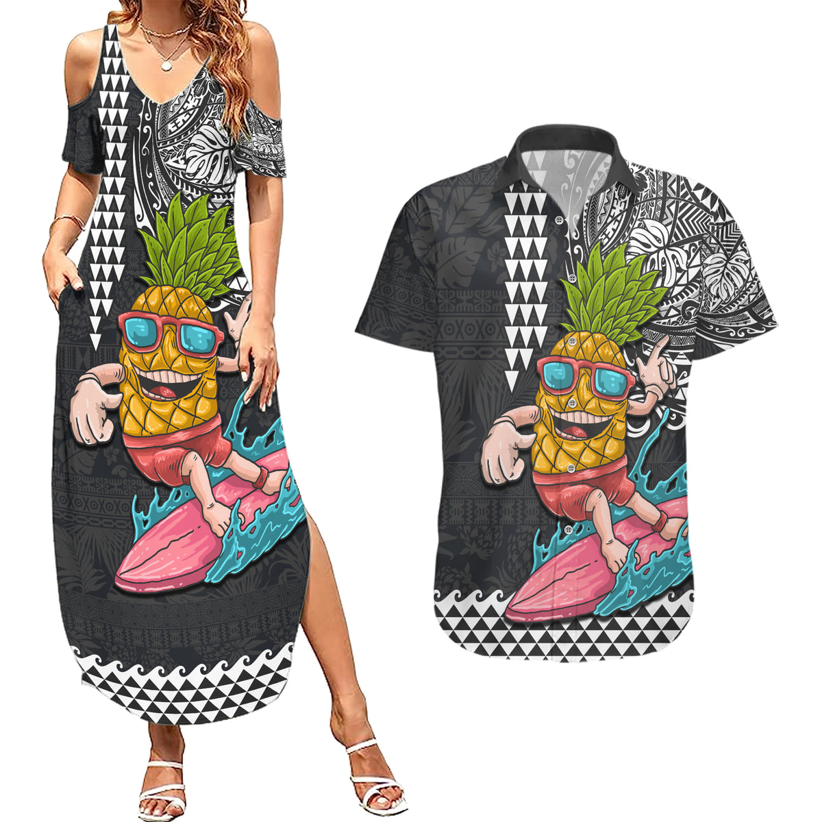 Hawaii Pineapple Surfing With Kakau Tribal Couples Matching Summer Maxi Dress and Hawaiian Shirt LT03 Brown - Polynesian Pride