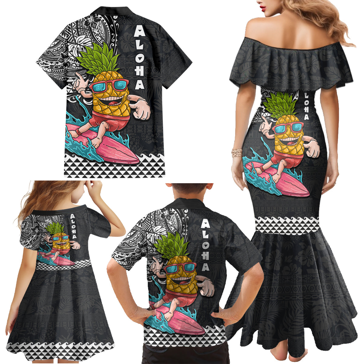 Hawaii Pineapple Surfing With Kakau Tribal Family Matching Mermaid Dress and Hawaiian Shirt LT03 - Polynesian Pride