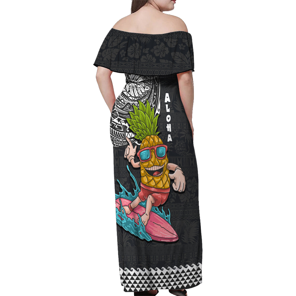 Hawaii Pineapple Surfing With Kakau Tribal Family Matching Off Shoulder Maxi Dress and Hawaiian Shirt LT03 - Polynesian Pride