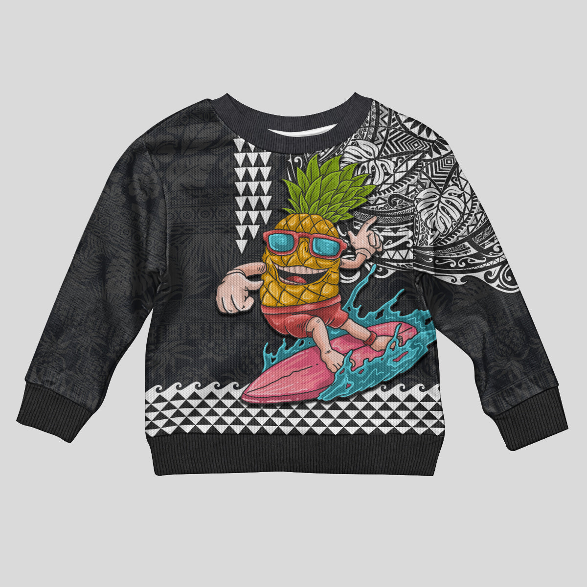 Hawaii Pineapple Surfing With Kakau Tribal Kid Ugly Christmas Sweater LT03 Kid Brown - Polynesian Pride