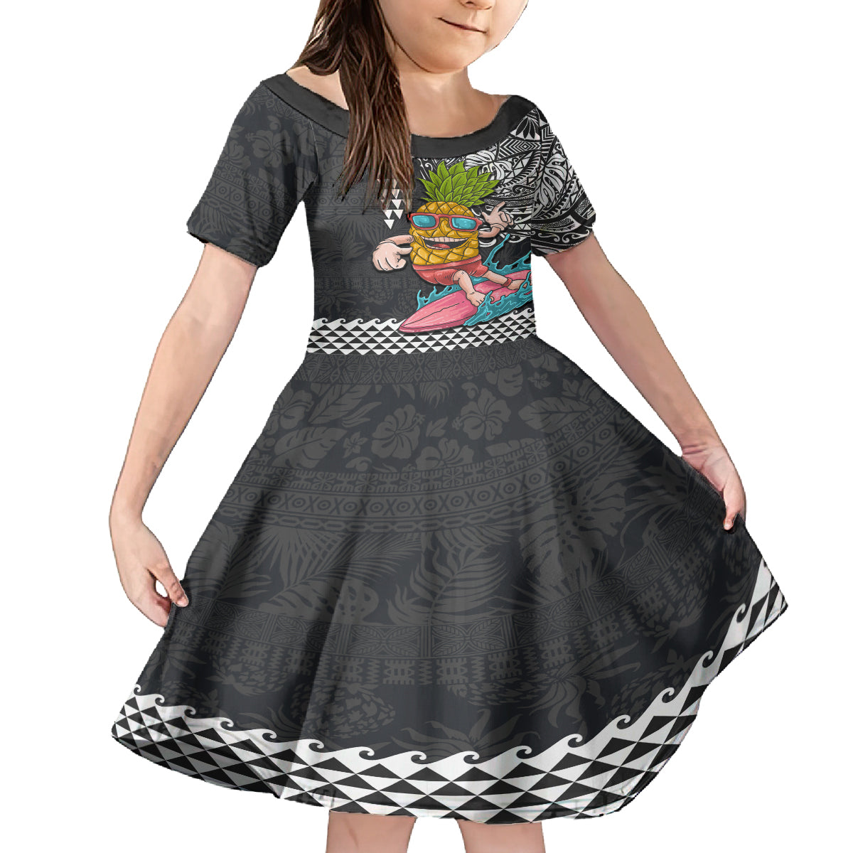 Hawaii Pineapple Surfing With Kakau Tribal Kid Short Sleeve Dress LT03 KID Brown - Polynesian Pride