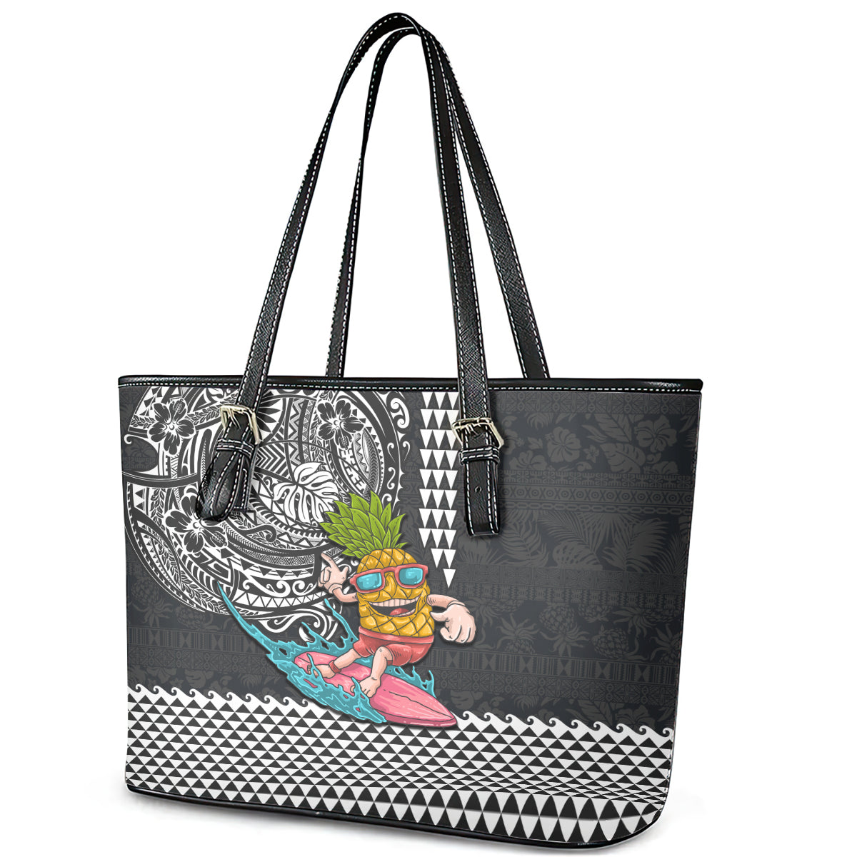 Hawaii Pineapple Surfing With Kakau Tribal Leather Tote Bag LT03 - Polynesian Pride