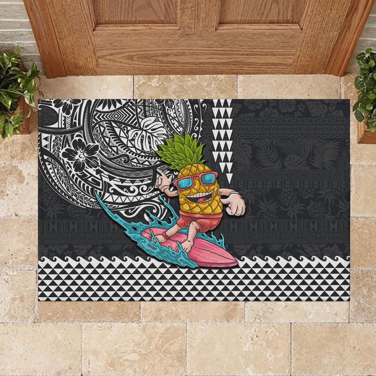 Hawaii Pineapple Surfing With Kakau Tribal Rubber Doormat LT03 - Polynesian Pride